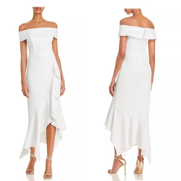 AQUA Scuba Crepe Off-the-Shoulder Midi Dress - Picture 1 of 11